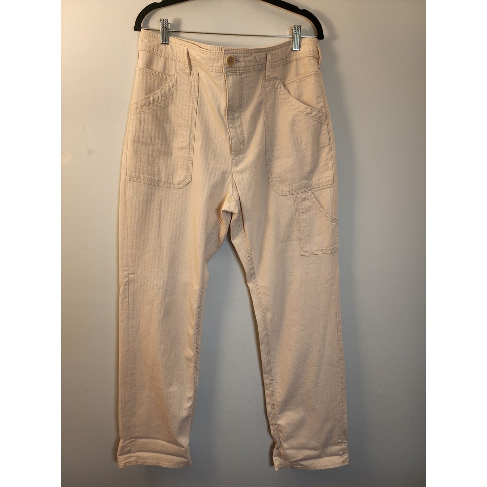 Anthropologie Cream Herringbone Utility Carpenter Pants Size 32 High Rise Cotton